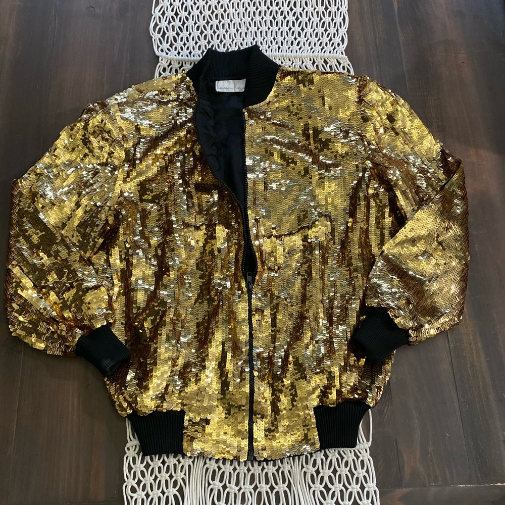 Vintage gold sequined silk lined zip up jacket